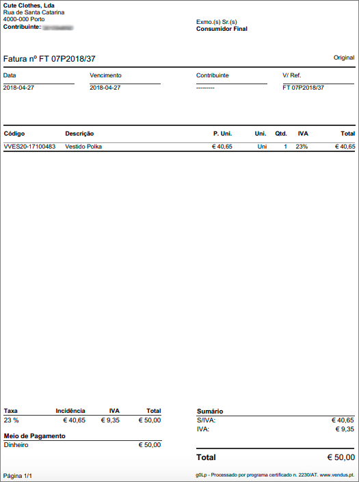 Fatura A4 (Preços sem IVA)
