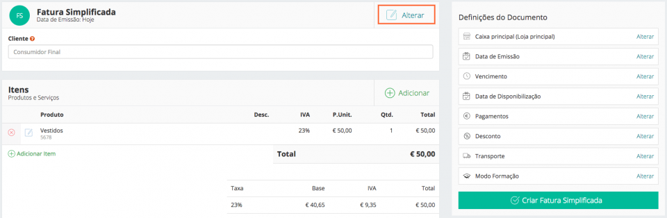 Emissão de Fatura Simplificada - Backoffice