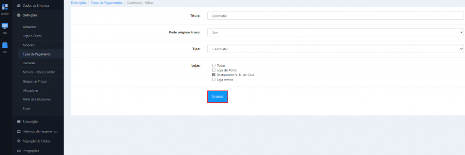 Cashmatic - tipo pagamento