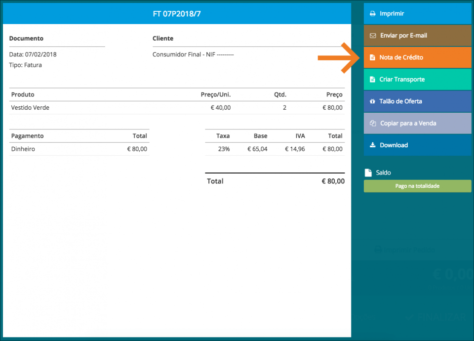 Criar Nota de Crédito - POS