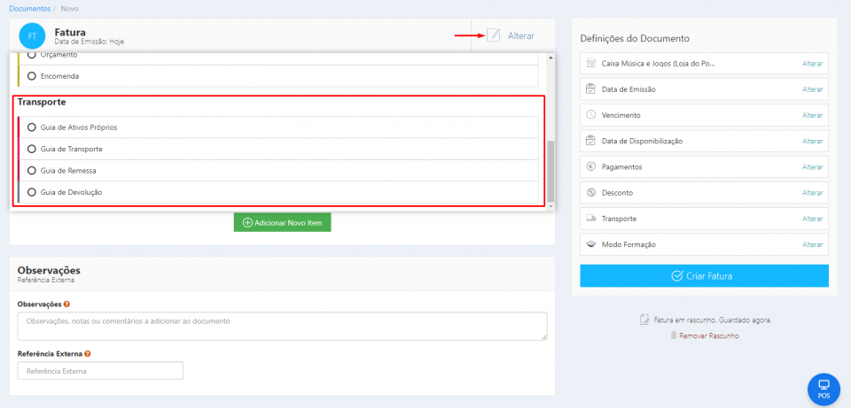 Selecionar Doc. Transporte - Office