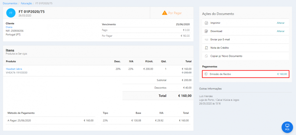 Emitir Recibo no Backoffice