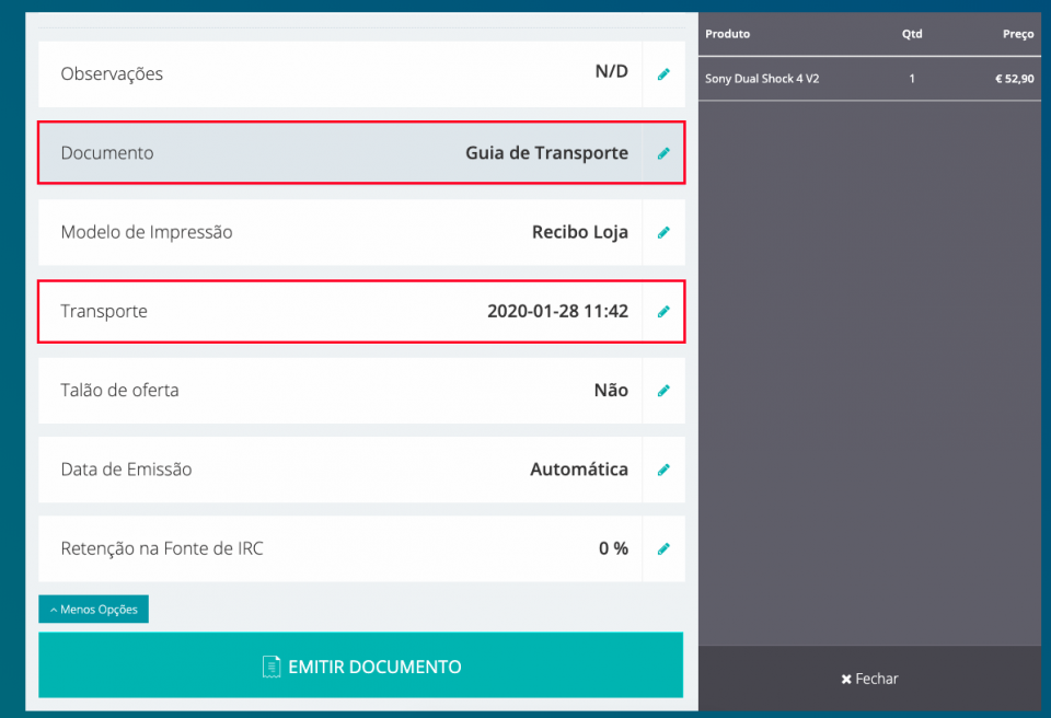 Tipo Doc + Transporte (POS Web)