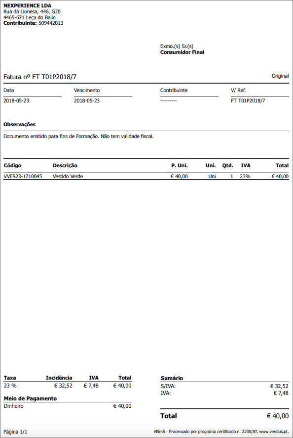 Modo Formação/Testes - Fatura