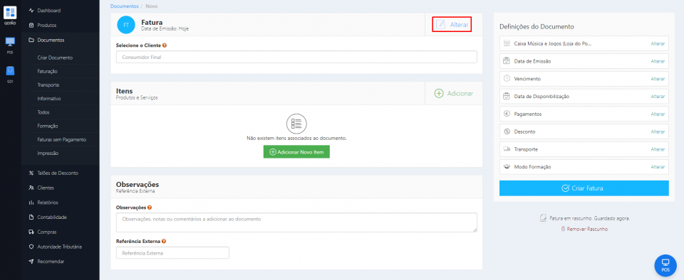Backoffice - Tipo documento a emitir