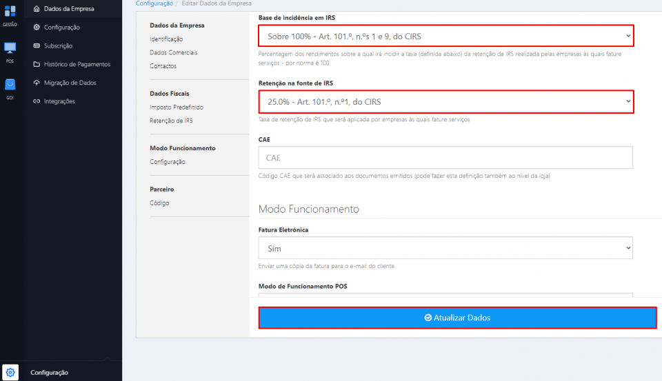 Retenção na Fonte (IRS) - 1º Passo