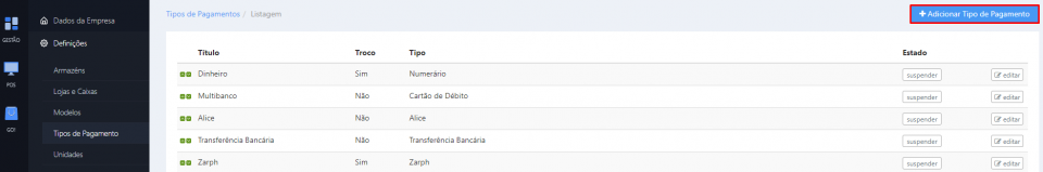 Backoffice - tipos pagamento